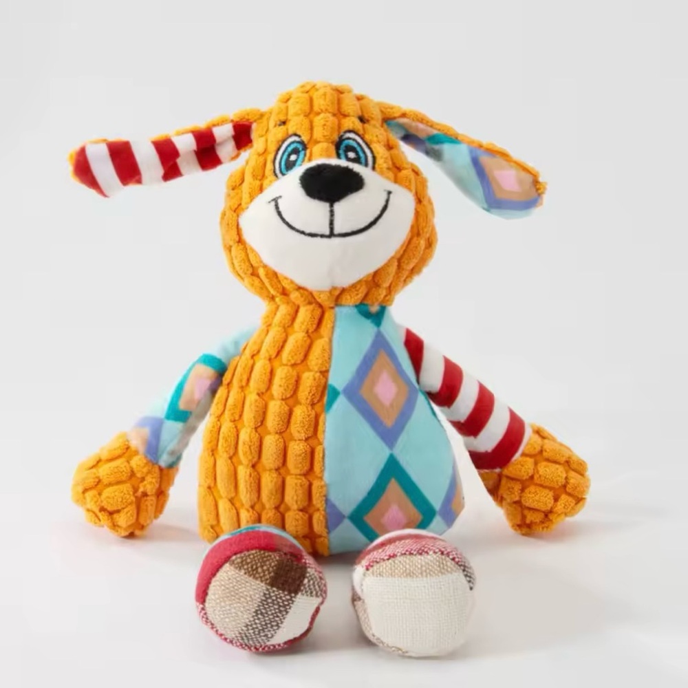 Colorful Squeaky Plush Dog Toy – Interactive Patchwork Puppy